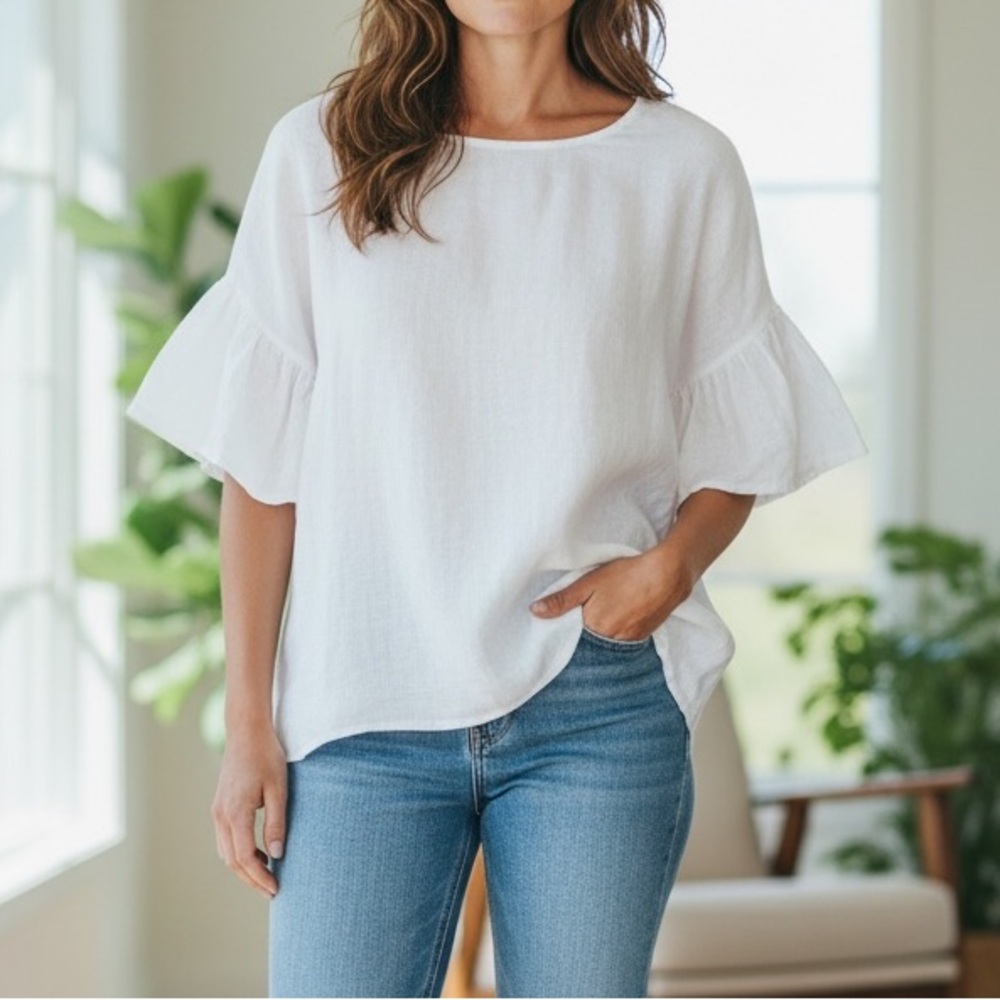 Viola Borghi Size Large White 100% Linen Top Short Ruffled Sleeves